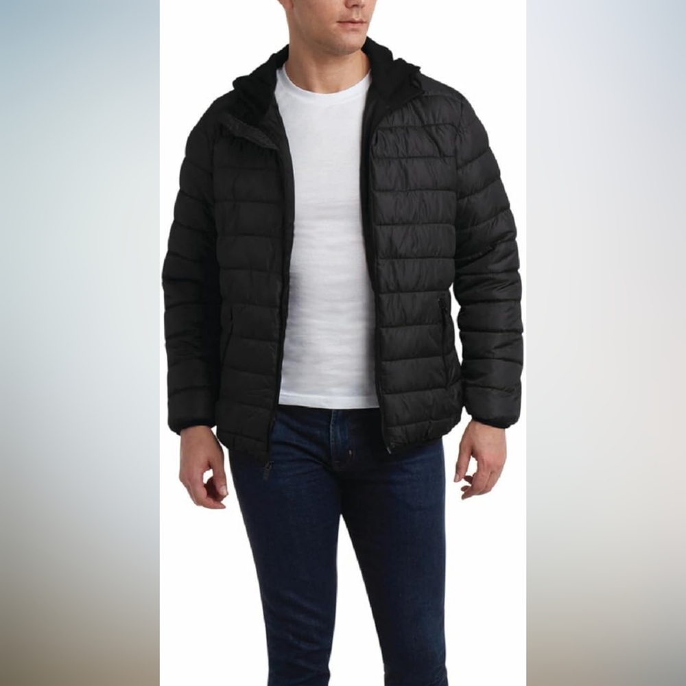 Perry Ellis Portfolio Men's Quilted Bubble Hooded Puffer Jacket Black XL